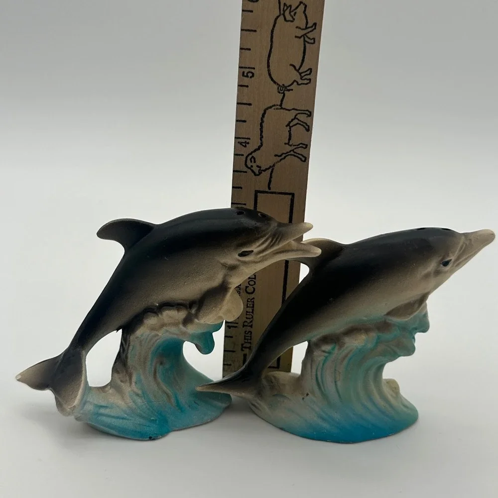 Vintage Dolphin Salt and Pepper Shakers Set Grey Blue Ocean Waves Decor